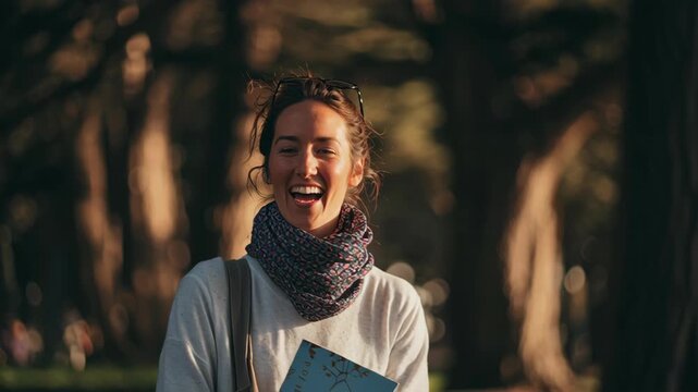 Joyful young woman smiling outdoors during Down Syndrome Awareness Day, celebrating inclusion, diversity, and support with warm natural lighting and vibrant environment