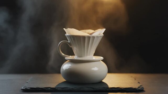 Pottery Coffee Dripper with Steam Atmosphere. Craft & Handmade Authentic Product Display. White ceramic coffee pour-over dripper resting on a slate surface with subtle ambient steam rising around it.
