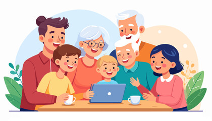 A happy multi-generational family bonding together while enjoying digital content on a tablet, symbolizing connection, shared joy, and modern family interaction