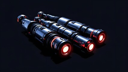 Obraz premium Three sleek futuristic lightsabers with glowing red hilts and white blades displayed against a dark background