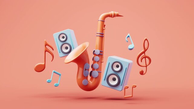 Dynamic 3d animation of musical instruments including a saxophone, speakers, and musical notes floating and rotating against a vibrant background, perfect for music-themed content
