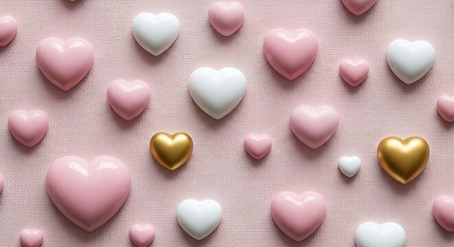 Pink and gold heart shaped candies on soft pink textured background for love and romance