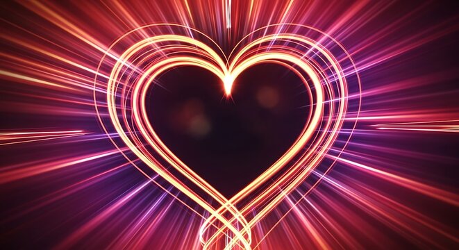 Vibrant neon heart shape with dynamic light trails in dark abstract background