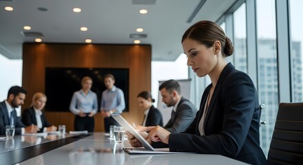 Fototapeta premium Businesswoman Working on Tablet During Corporate Meeting.
