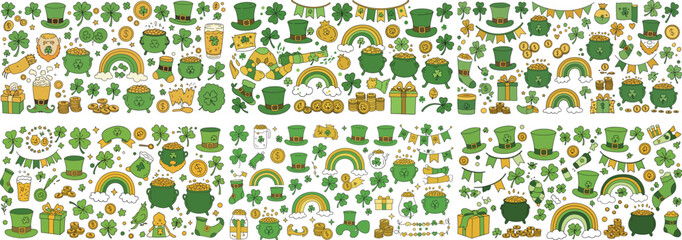 Vibrant St. Patrick's Day themed illustrations featuring pots of gold, shamrocks, and rainbows.