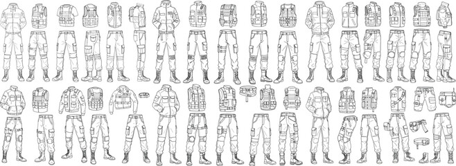 Variety of tactical clothing designs including jackets and pants in black and white sketches.