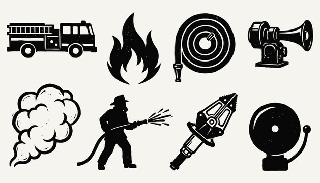 Vintage Woodcut Firefighting and Rescue Icons Collection