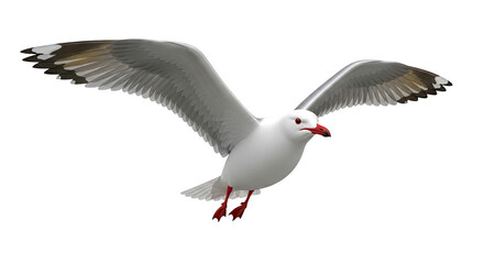 Seagull in flight against a white background