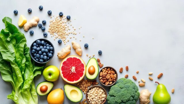Fresh fruits and vegetables arranged on a plain background with nuts and grains in small bowls and scattered around, showcasing a variety of healthy foods for a nutritious diet and lifestyle, includin