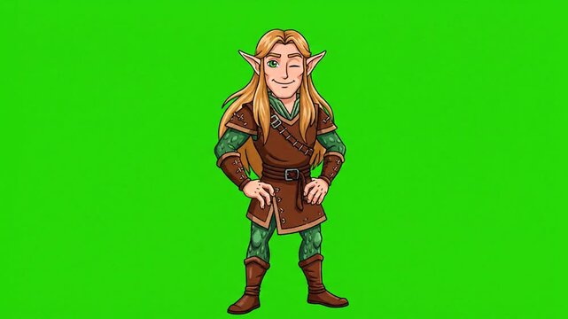 Animated elf character posing on green screen background for compositing