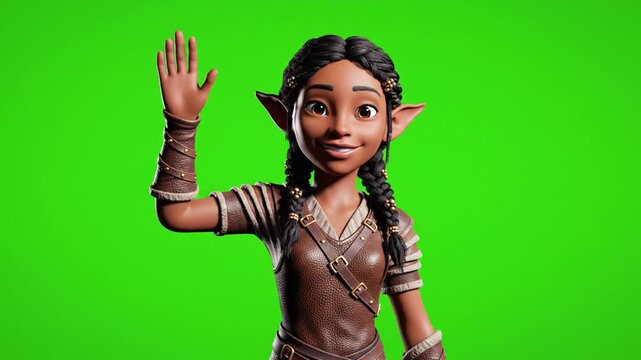 Animated elf character waving on green screen background