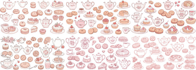 A charming array of hand-drawn pastries and teapots in soft pink tones, perfect for dessert lovers.