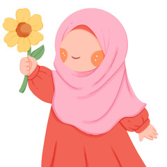 illustration of a cute girl holding a yellow flower