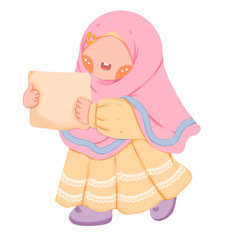 illustration of cute girl holding paper happily