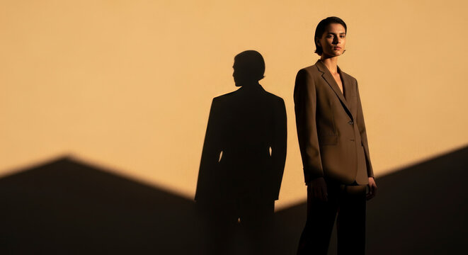 Woman standing alone while her shadow creates a second silhouette on the wall