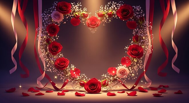 Elegant heart-shaped floral decoration with red roses and sparkling lights for romantic events