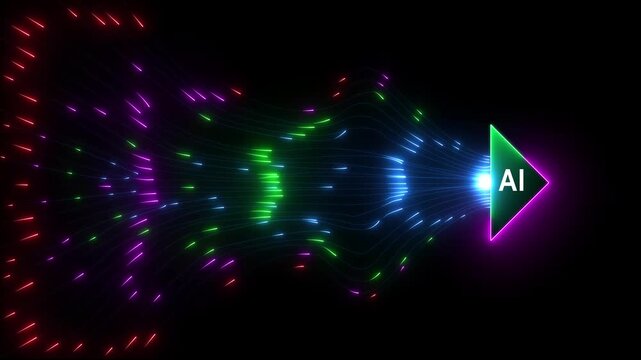 Bright blue arrow pointing right formed by flowing digital lines and particles against a dark blue background 4k video...