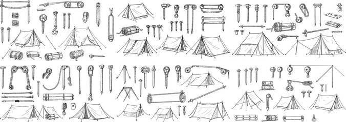 A collection of camping tents and gear, showcasing various hiking and outdoor equipment.
