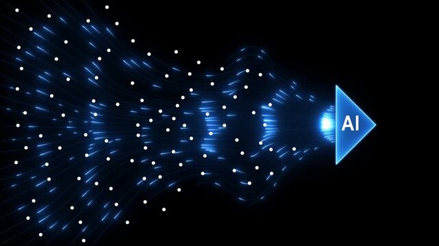 Bright blue arrow pointing right formed by flowing digital lines and particles against a dark blue background 4k video...
