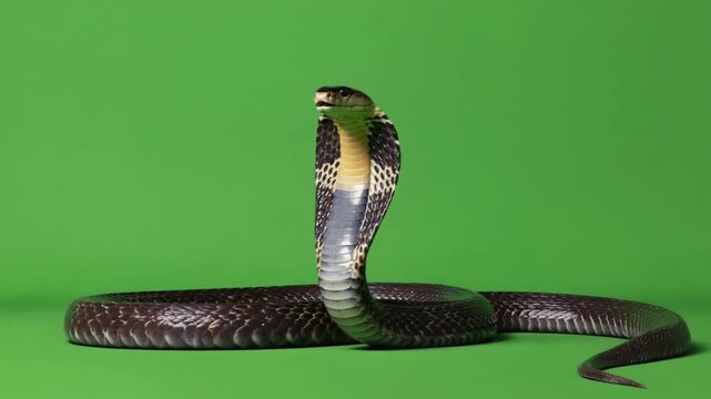 An imposing dark brown cobra with its impressive hood fully flared, displaying a powerful and defensive stance against a vivid green backdrop. green screen snake video