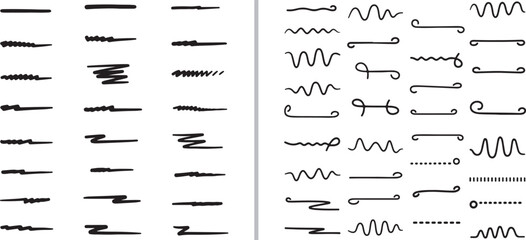 A comprehensive set of hand-drawn underlines and divider strokes. Includes messy scribbles, elegant calligraphic swirls, wavy lines, and jagged brush strokes in a minimalist black ink style.