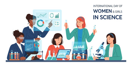 Illustration of diverse women and girls in science working together in a lab with laptops and equipment on International Day of Women and Girls in Science.