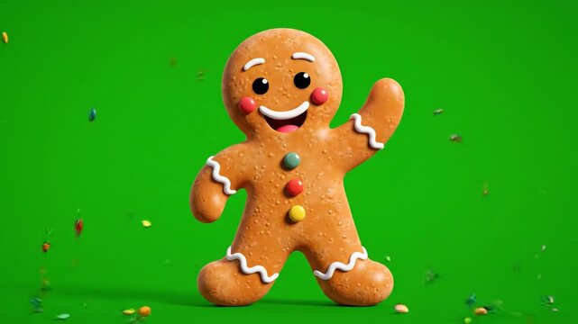 Animated gingerbread man character on green screen background