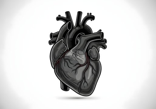 A modern stylized medical illustration of a human heart isolated on a bright white background. The heart is illustrated in a semi-realistic cartoon style with a dominant black body and layered dark gr