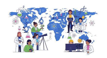Illustration of diverse women and girls in science-related activities around a blue world map on International Day of Women and Girls in Science with a colorful and educational mood.
