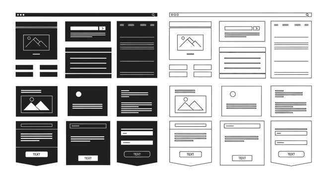 Black and white mockup of multiple responsive website or app layouts