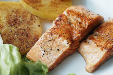 Fresh salmon with grilled vegetables and salad on a plate