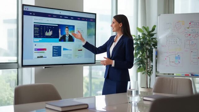 Businesswoman giving presentation on screen to remote team in conference room