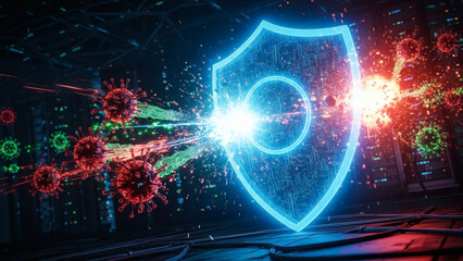 Obraz premium Digital Shield Defending Against Viral Attack in Futuristic Data Center