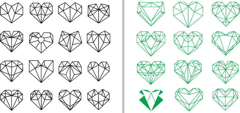 A collection of geometric, low-poly heart icons in black and green. These faceted, origami-style designs offer a modern, structural take on romantic symbols for digital and print media.