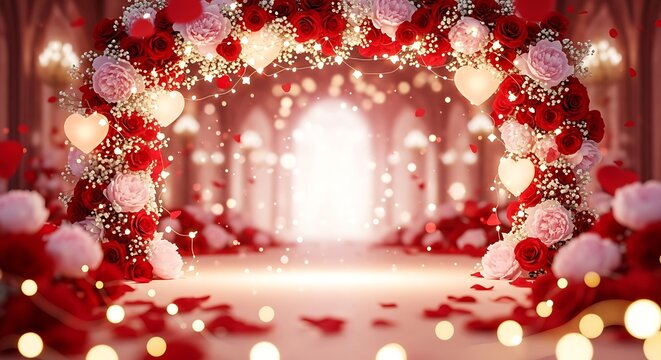 Romantic wedding aisle decorated with red roses and golden lights for ceremony backdrop
