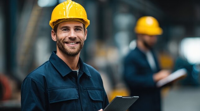 A man in a hard hat standing in a factory with another man in the background.