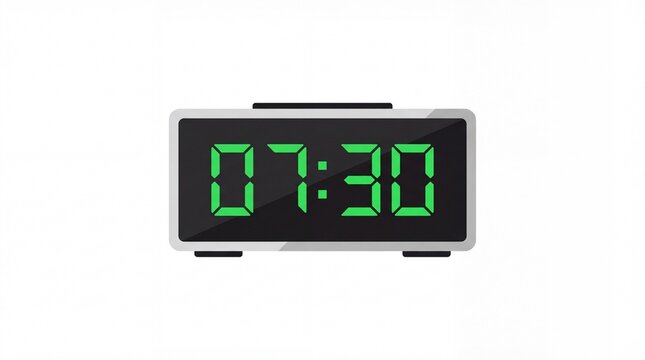 Digital alarm clock displaying 7 30 on a white background with green numbers and a black screen