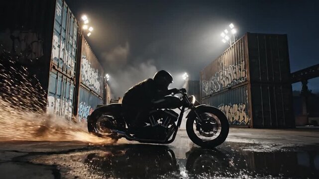 Motorcyclist performing a daring jump over a ramp in a gritty urban setting at night.