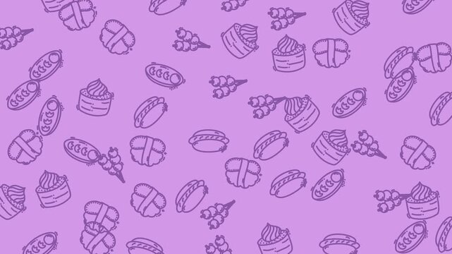 Japanese food cartoon drawings on a purple background. Suitable for food blogs, menus, or cultural publications needing a whimsical touch.