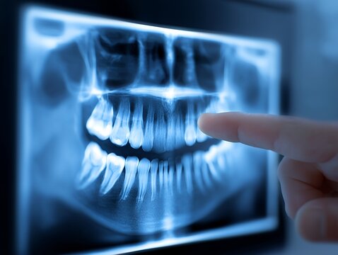 歯科医が指差して説明する歯と顎のレントゲン画像による精密な歯科診断シーン
