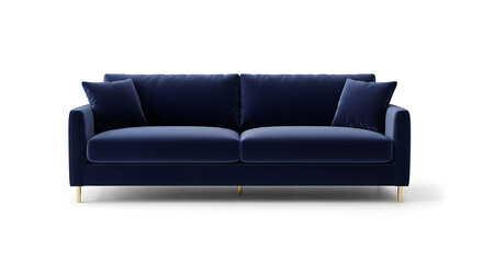 Fototapeta premium A sleek navy blue sofa with gold legs on a white background