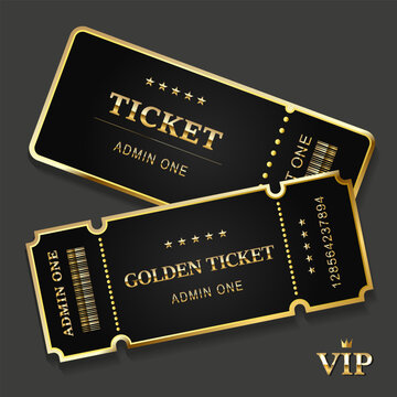 Luxury black and gold ticket templates. Vector illustration for VIP events, concerts, and cinema. Features stars, barcodes, and "Admin One" text. Perfect for premium access invitations.
