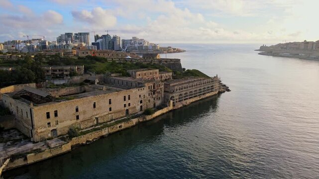 Aerial view of abandoned Lazzaretto buildings on Manoel Island overlooking Marsamxett Harbour in Malta.