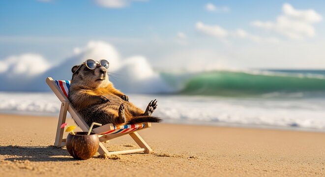 Groundhog day background with copy space funny groundhog on beach chair