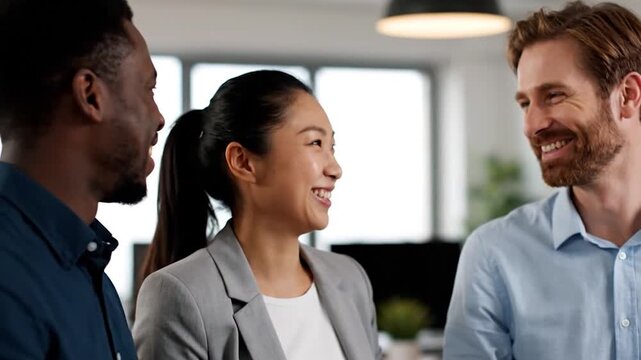 Diverse business team celebrating success with high fives and smiles.