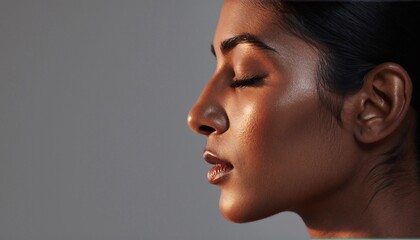 Close-up of the face of an elegant Indian woman with her eyes closed against an isolated grey background.