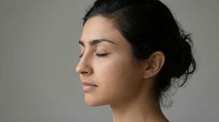 Close-up of the face of an elegant Indian woman with her eyes closed against an isolated grey background.