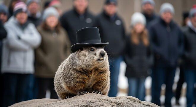 Groundhog day background with copy space punxsutawney phil in top hat
