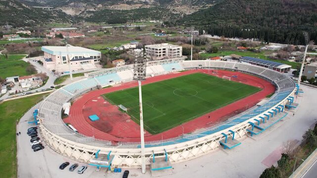 Anthi Karagianni Stadium in Kavala Greece, Panoramic View Point of Interest Drone Shot