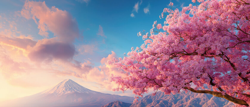 Cherry trees bloom with pink flowers near a mountain, created AI